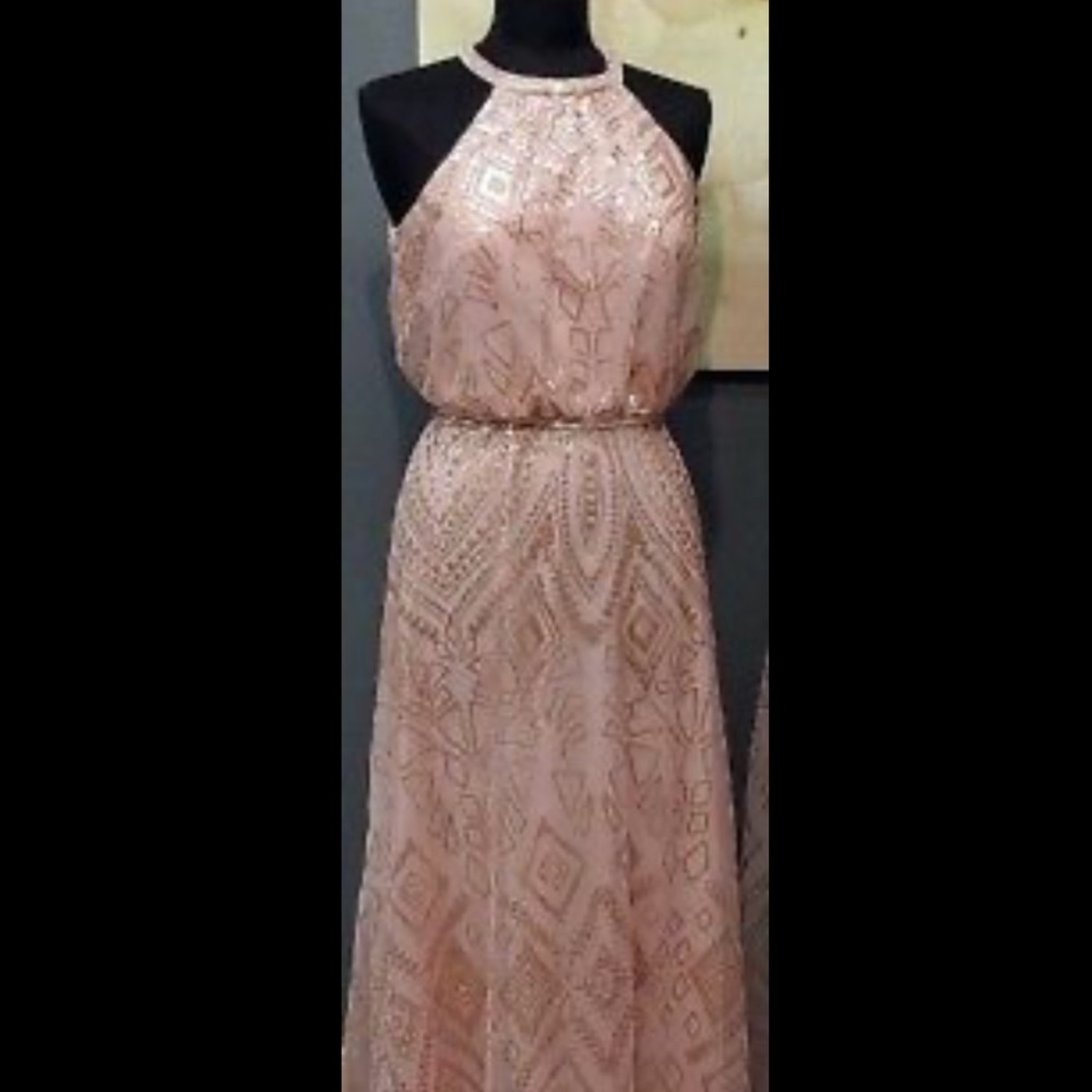 Angelina Faccenda 20475 - Blush Sequin Floor Length Dress Keyhole Back - size 4